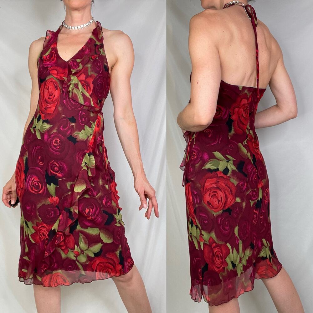 bebe 100% silk rose floral print halter‎ slip dress slipdress fairy roses red S - Picture 16 of 16